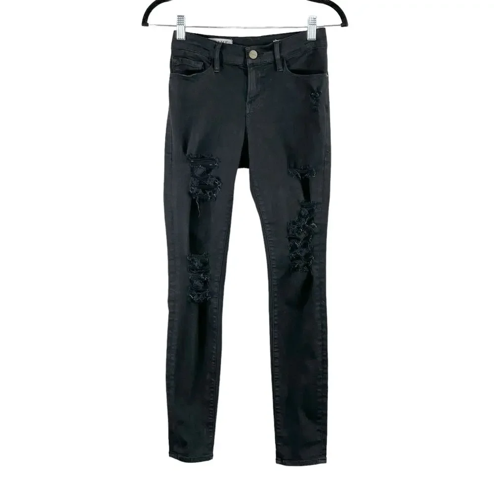 Frame Le Skinny de Jeanne Black Distressed Low Rise Denim Jeans 24